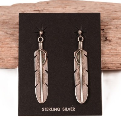 Navajo Sterling Silver Feathers Post Earrings Late 20th Century   2'' Drop
