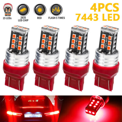 4PCS 7443 LED Strobe Flash Blinking Brake Stop Tail Parking Light Bulbs Red