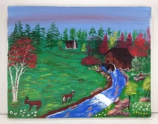 Vtg signed Primitive Painting Log Cabin Mill Stream Deer 11x14 canvas Roy Cain 