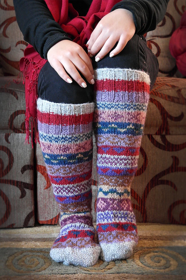 Off white red mixed color Woolen Knee High Socks, Christmas gift socks for sale - Image 2 of 4