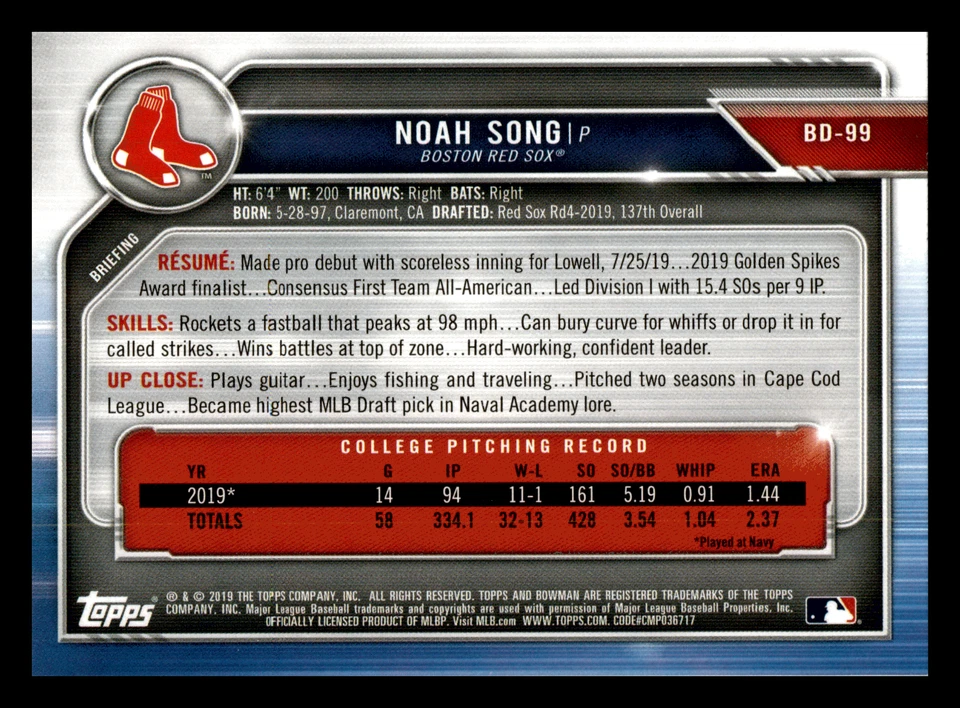 2019 1st Bowman Draft Noah Song  Boston Red Sox #BD-99 Mint - Image 2 of 2
