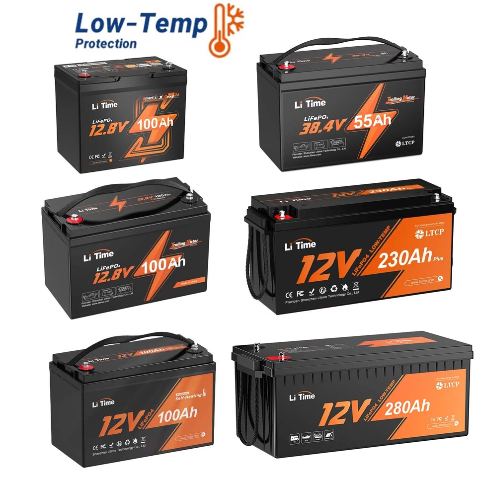 LiTime 12V 100Ah TM Group24/31 230Ah 280Ah LiFePO4 Lithium Battery Low-Temp BMS