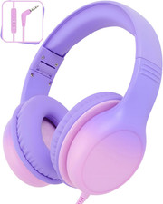 Kids Wired Headphones Over Ear HD Mic Foldable 3.5mm Safe Volume Purple Pink