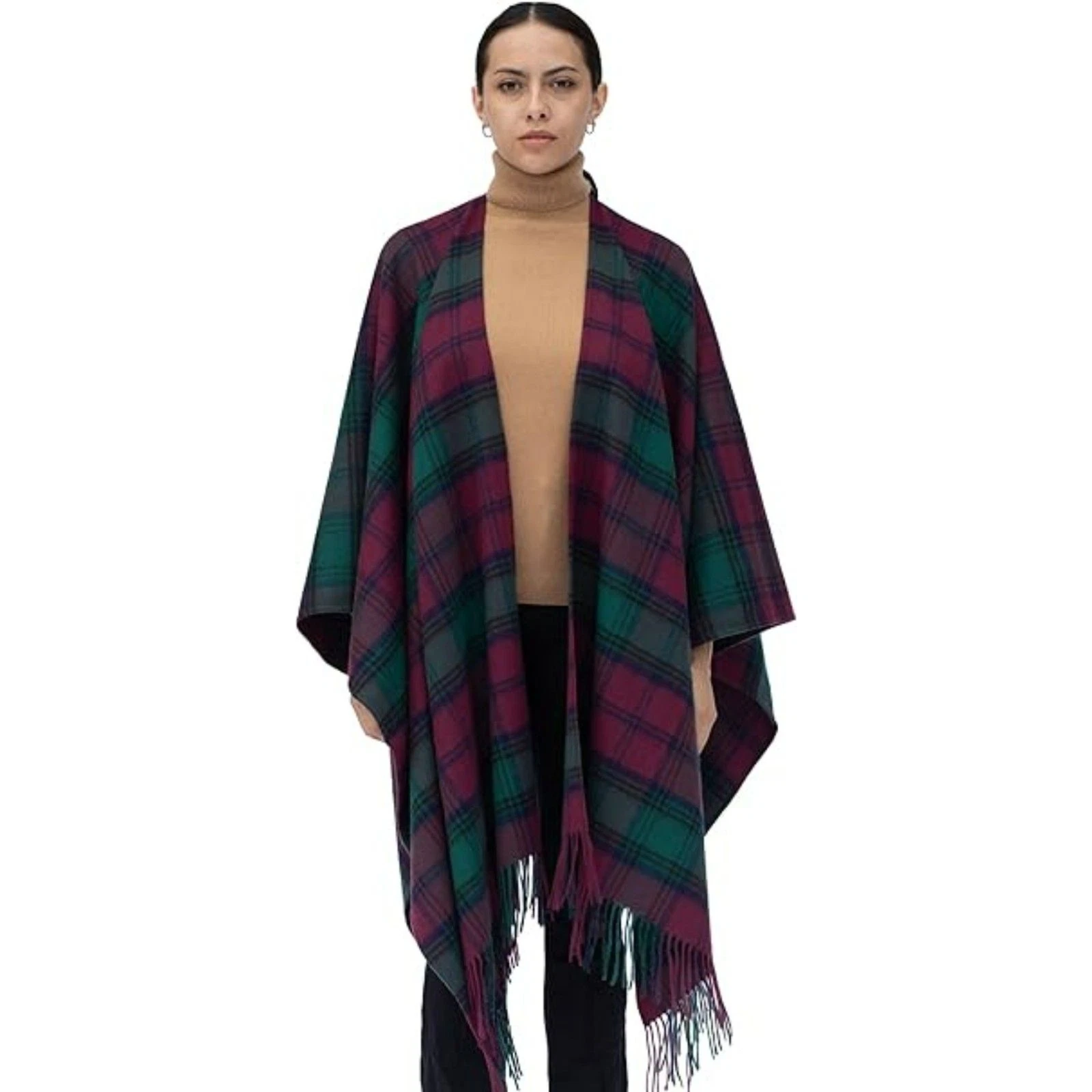 Murray Brothers Lambswool Plaid Poncho Cape Fringe Woven Scotland OS Vintage