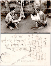Dutch East Indies Indonesia Two Men Cock Fighting Roosters 1920 RPPC