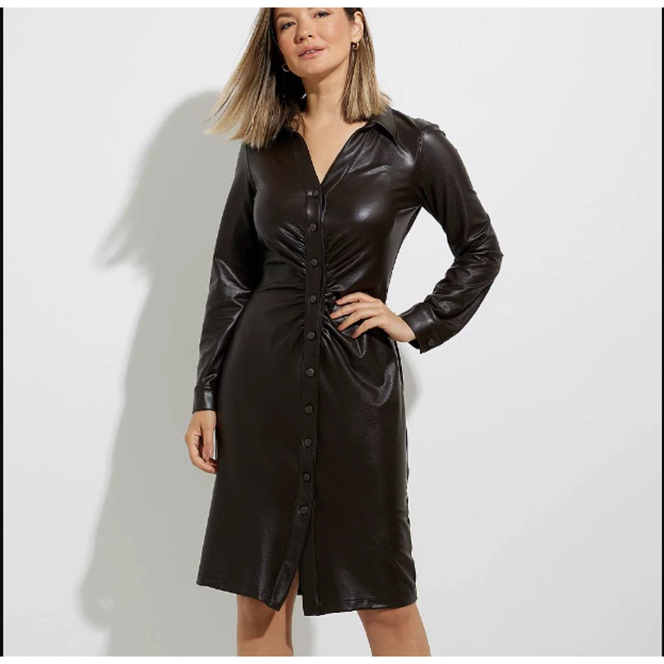 Joseph Ribkoff Sz 6 Mocha Faux Leather Shirt Dress Button-Up Flattering NWT - Image 2 of 4