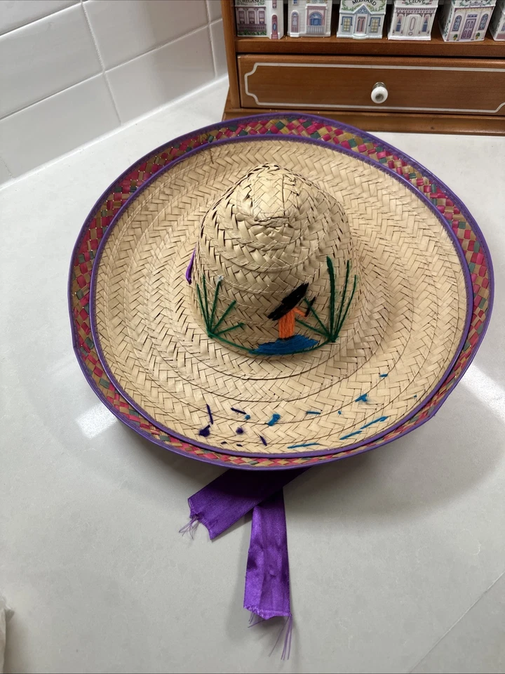Vintage/Handwoven Straw Sombrero — 17” Brim, 7” Head Opening (Adult Size) - Image 3 of 4