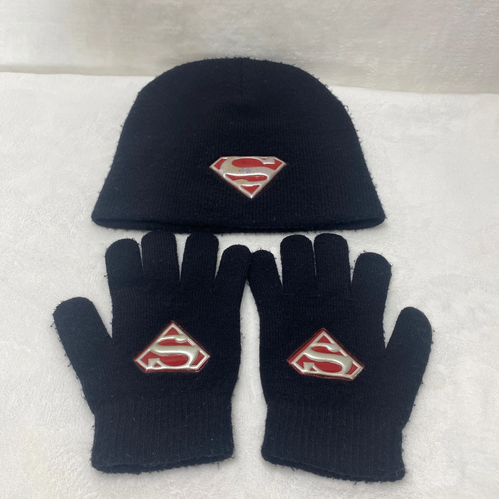 VTG Childs Superman Knit Beanie Hat Gloves Set Black Red S Shield Logo Winter