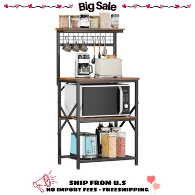 4-Tier Kitchen Bakers Rack Microwave Oven Stand Coffee Bar Station 6 Hooks