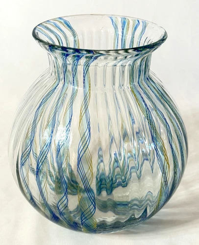 Vintage Italian Hand-Blown Latticino Blue & Yellow Ribbon Art Glass Murano Vase