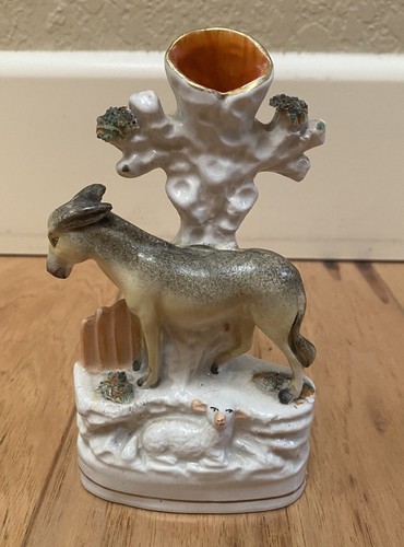Antique Staffordshire Porcelain Victorian? Donkey & Lamb Spill Vase Figurine