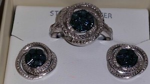 Kims Jewelers Sterling Silver Smoke Blue Diamond Spiral Ring & Earring Combo Set