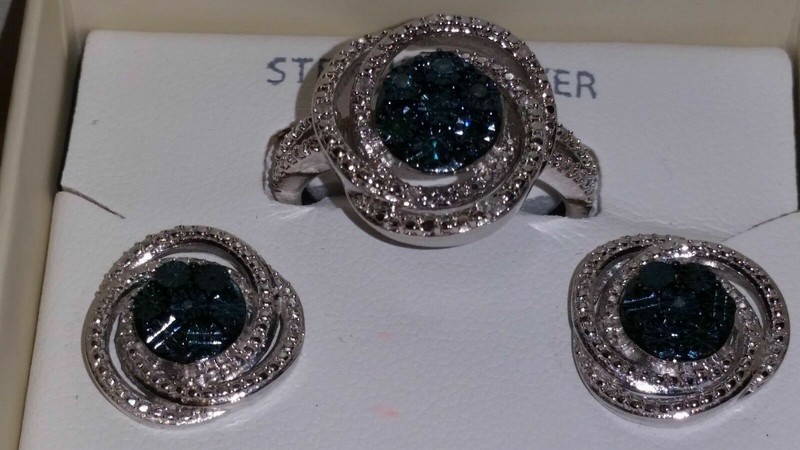 Kims Jewelers Sterling Silver Smoke Blue Diamond Spiral Ring & Earring Combo Set
