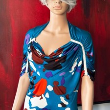 S/S 2001 GIANNI VERSACE blue viscose leather trim ruched dress Abstract print