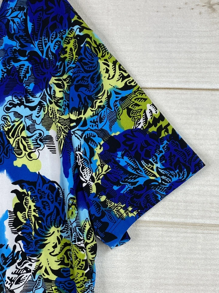 Топ женский Suzie In The City 2X синий цветочный короткий рукав декольте облегающий трикотаж - Изображение 4 из 4