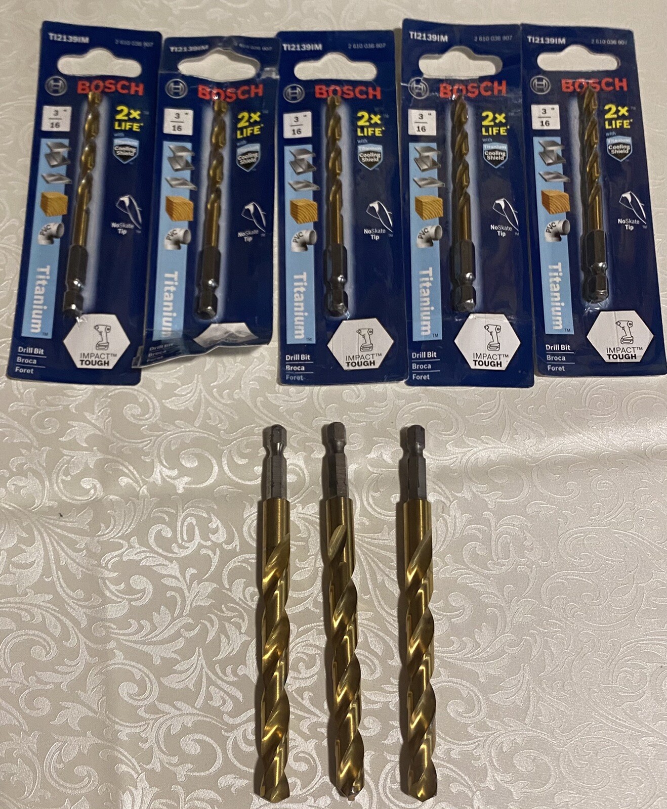 8pcs Bundle BOSCH 3/16 in & 3/8 Impact Tough Titanium Coating Drill Bit Set New