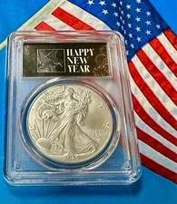 2025 SILVER EAGLE MS-70 PCGS - EXCLUSIVE "HAPPY NEW YEAR" LABEL - VERY RARE FIND
