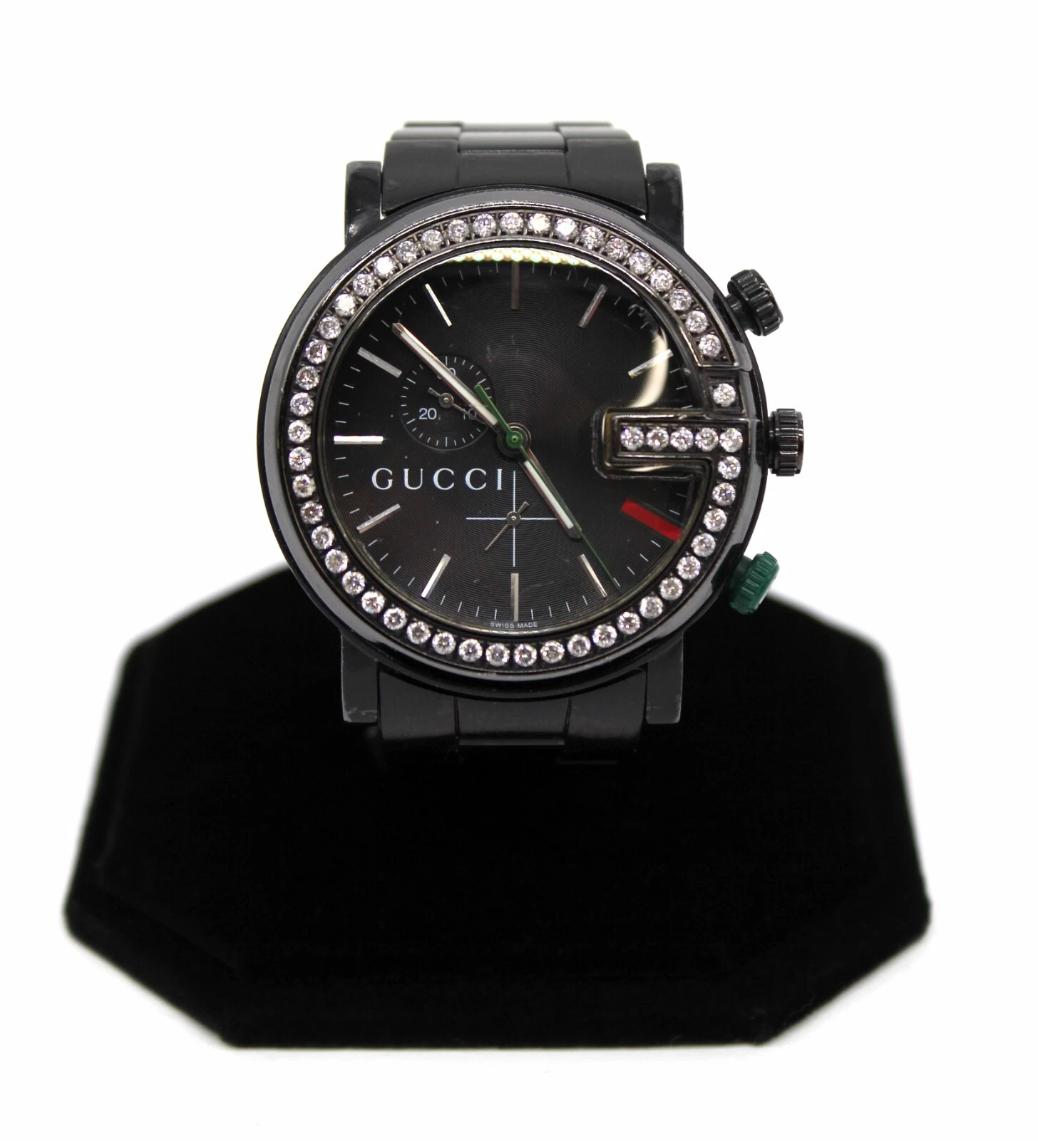 Gucci 101M Chrono PVD lunette diamant montre bracelet noir acier inoxydable   44 mm