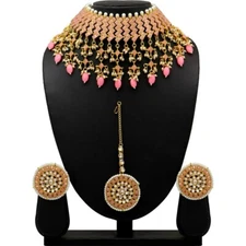 Party Wear Modern Design Elegant Pink Necklace Set Pearl Earings & Tika