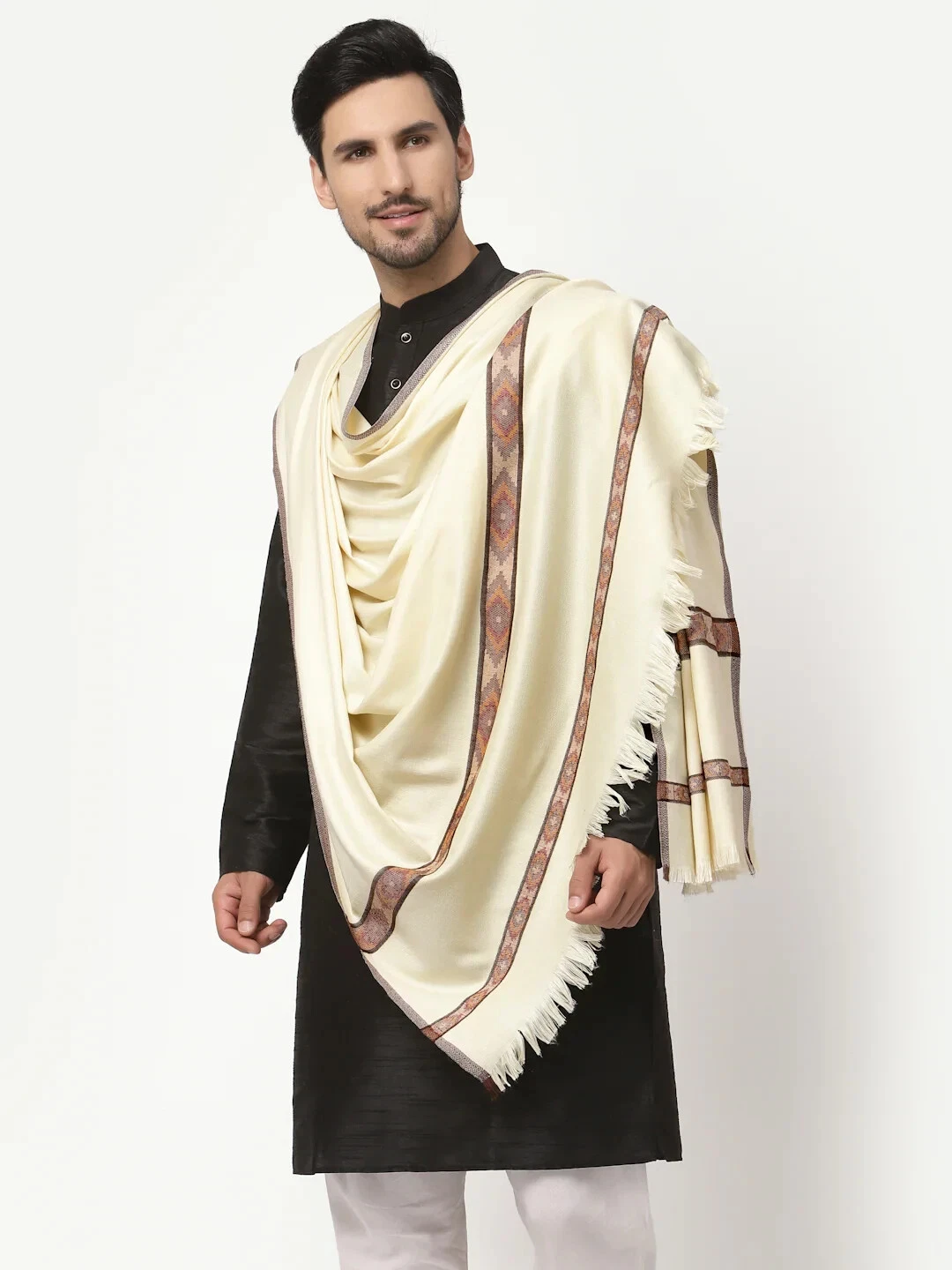 Wool Blend Shawl Pashmina Cashmere Paisley Scarf Wrap Stole Silk Men Warm White