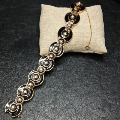 Vintage Signed CINER Bracelet Rhinestones Black Enamel Safety