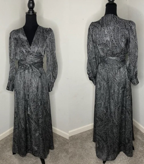 ZARA NWT LONG Black PAISLEY Printed DRESS Robe Wrap Style, S image 8