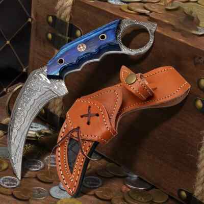 Handmade Damascus Steel Double Edge Fixed Blade Dagger Karambit knife Full Tang