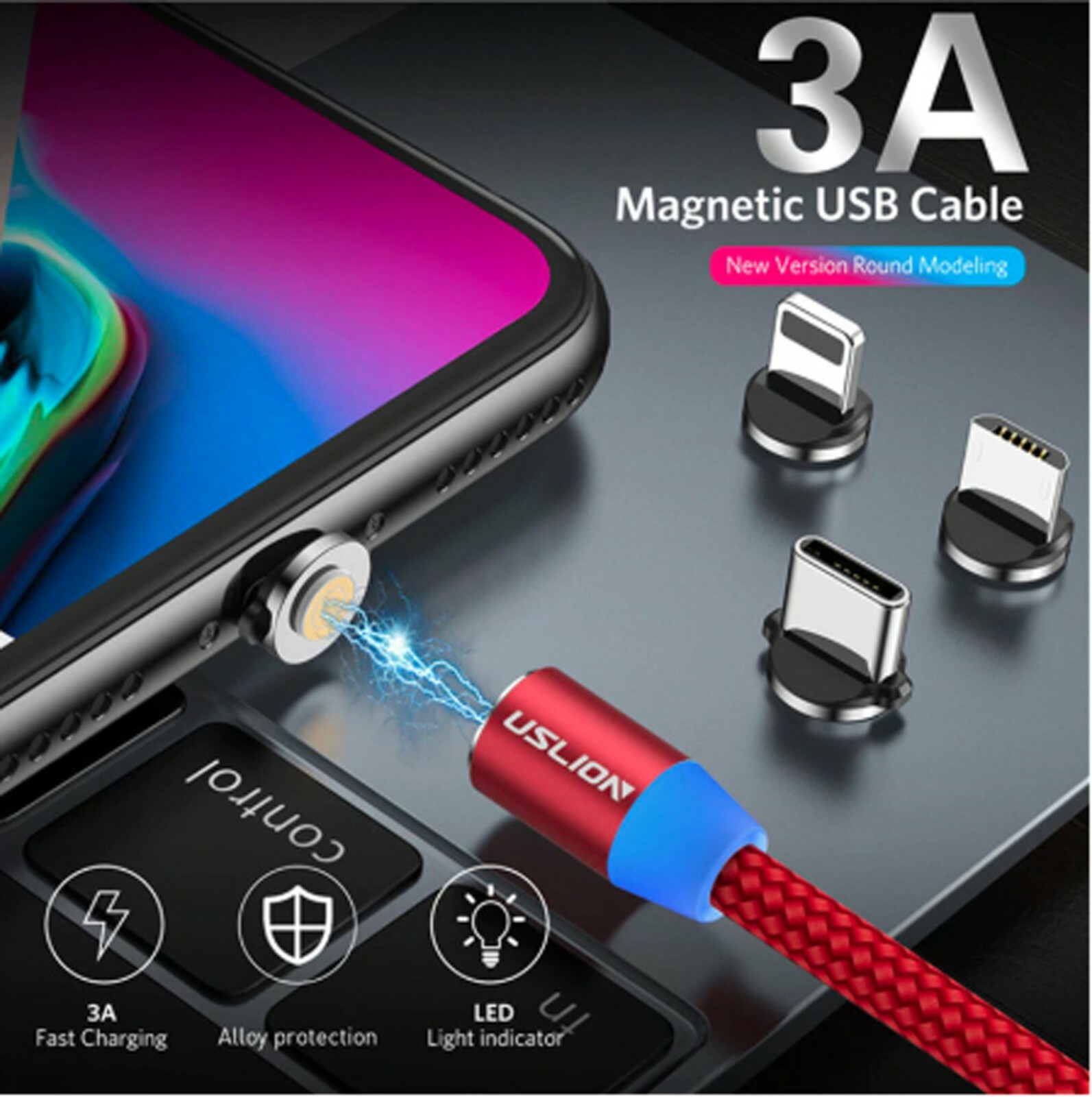 Black USLION USB Cable Charger 3A Fast Charging Mirco USB 3