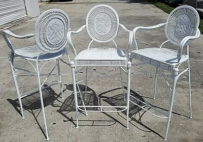 Set of Palm Beach Coastal White Wrought Iron Bar Stools Bamboo Rattan  Bentwood