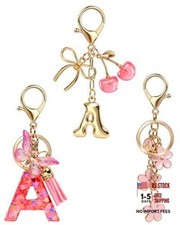 3PCS Initial Letter Keychains for Women, Cherry Flower Bag Charms, Cute A Pink