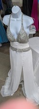 Landa White/Silver Halter Sleeveless A-Line Chiffon Beaded Gown 8 G538