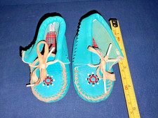 Vintage Handmade Beaded Turquoise Leather Infant Baby Moccasins