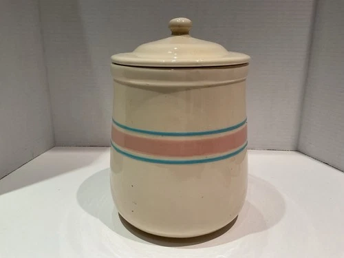 Vintage McCoy USA Pottery Blue & Pink Striped Canister #131M 7"x6”