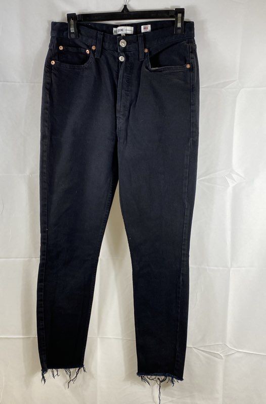 RE/DONE Women's High Rise Ankle Crop Jeans Black Button Fly Raw Hem Size 29