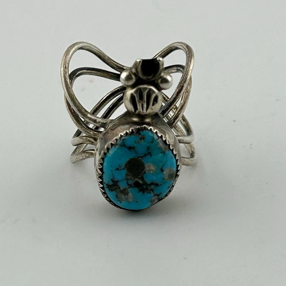 Sterling Navajo Spider Grandmother Ring Turquoise Pyrite Matrix Sz 6½ 60s VTG - Image 4 of 4