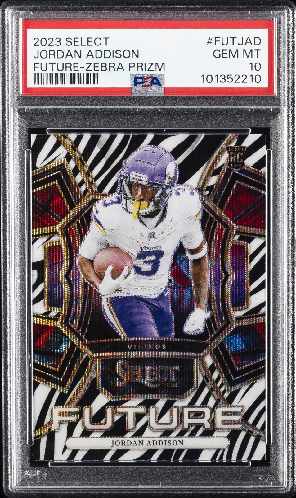 2023 PANINI SELECT SELECT FUTURE ZEBRA PRIZM #FUTJAD JORDAN ADDISON RC PSA 10