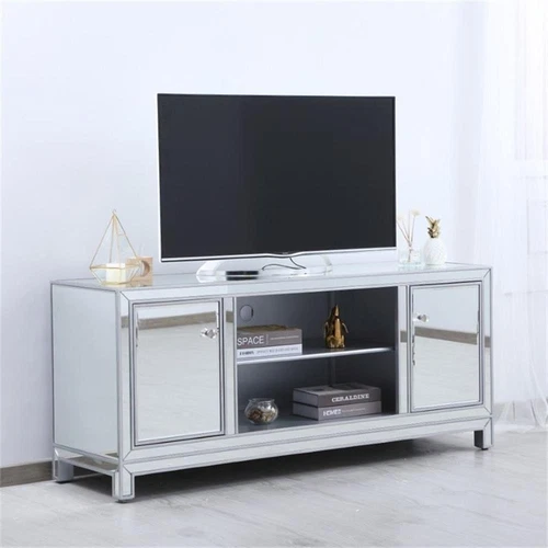 Elegant Decor Modern 60" Mirrored TV Stand in Distressed Antique Silver - Picture 2 of 10