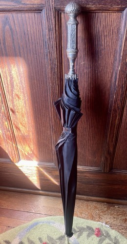 Antique Walking Stick Umbrella Parasol Nickel Silver Handle, Gokul Ribs