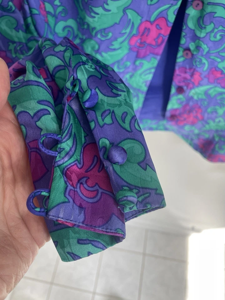 Precioso conjunto de traje falda vintage Adrianna Papell floral púrpura verde seda talla 8 Foto 3 de 4