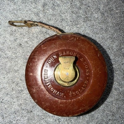 Vintage John Rabone & Sons 50 Fuß Leder & Messing Maßband