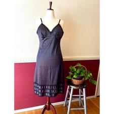 Vintage Sears Black Antron Nylon Full Slip Dress Lace Trim 38 V-Neck Coquette