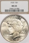 1925 $1 NGC MS65 Peace Silver Dollar Uncirculated Philadelphia