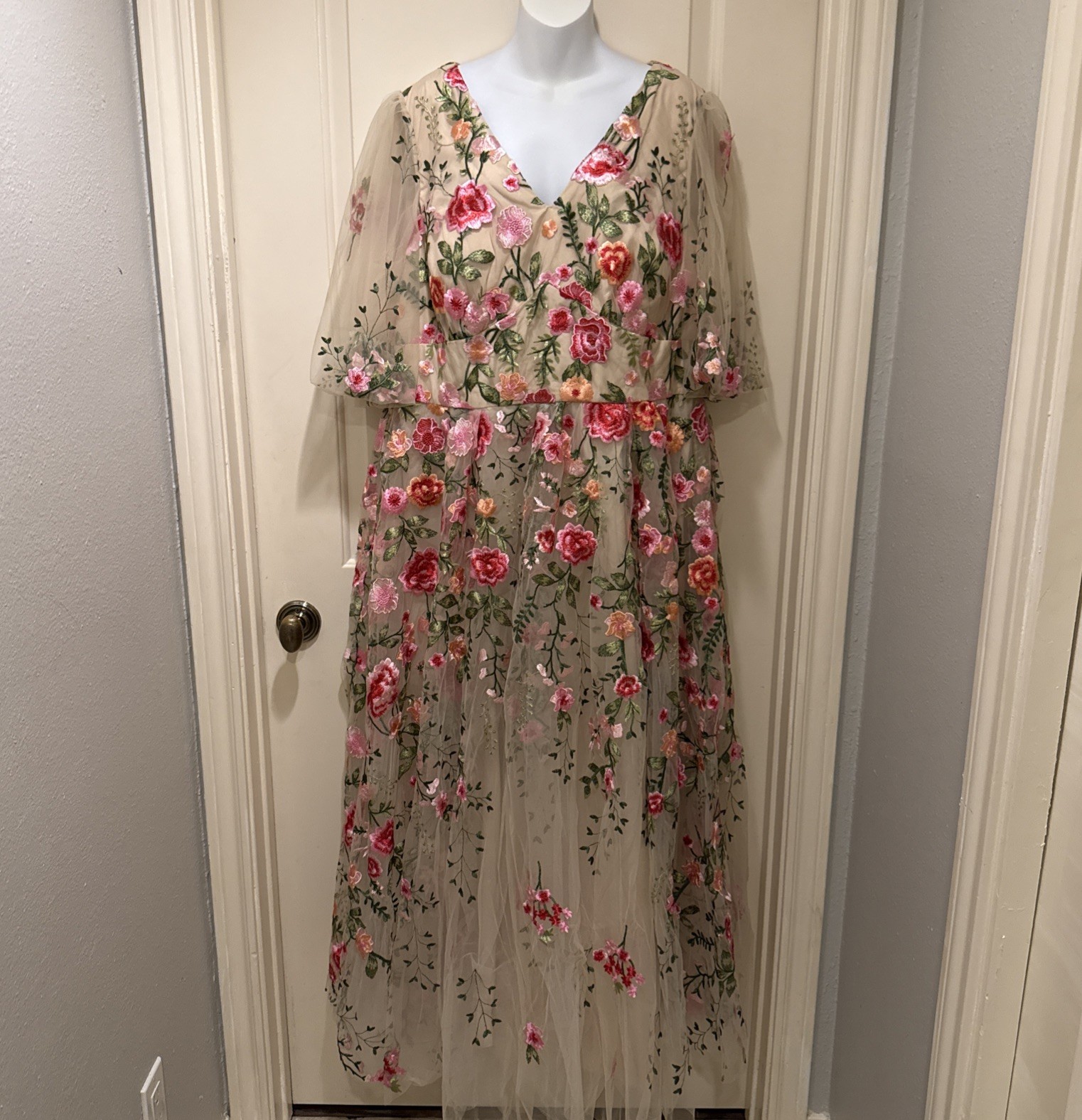 AW Bridal Size 20 Formal Prom Floral Dress Pink Beige Tulle Embroidered  Maxi