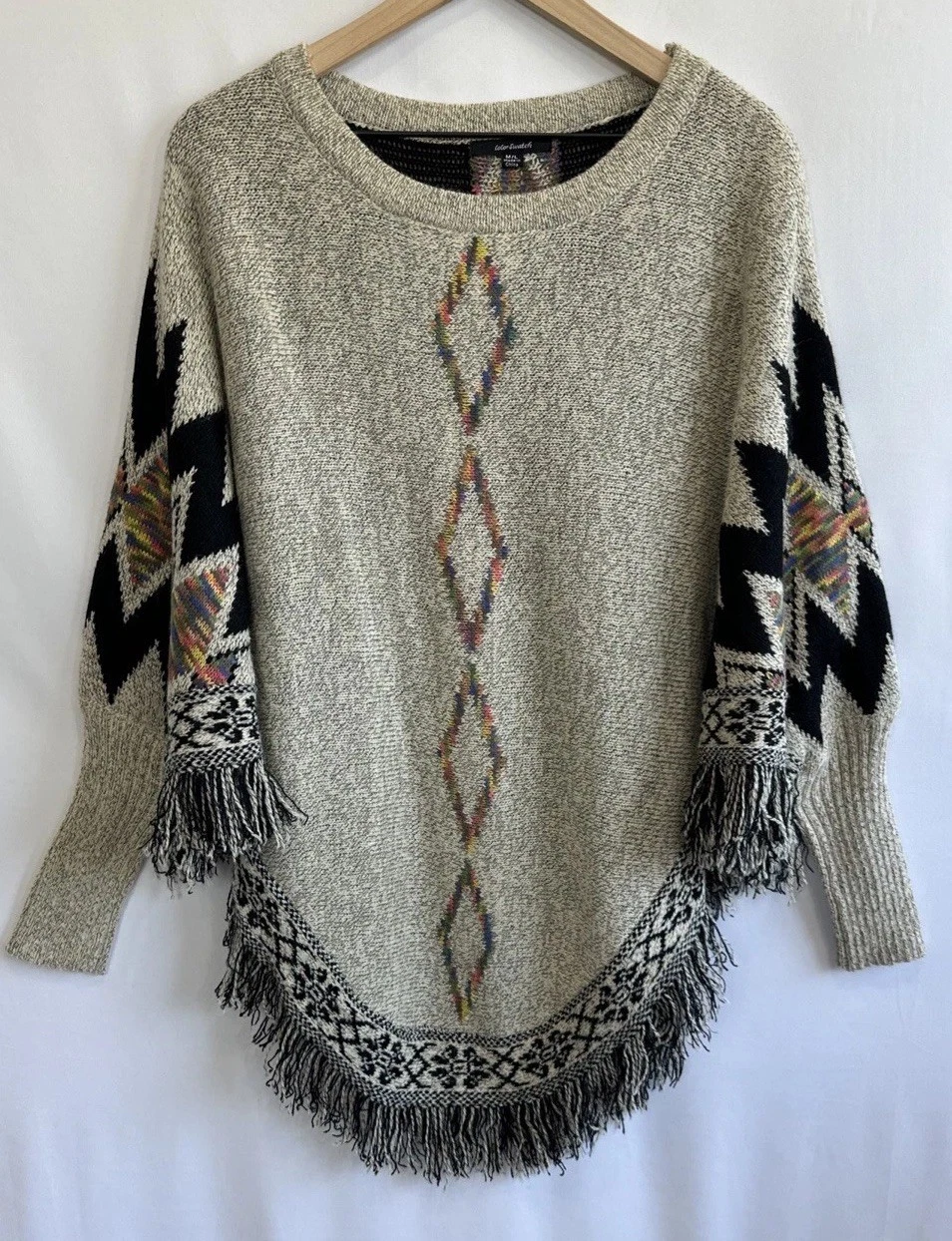 Color Swatch Boutique Fringe Tassels Poncho Sweater Size M/L Southwestern Aztec