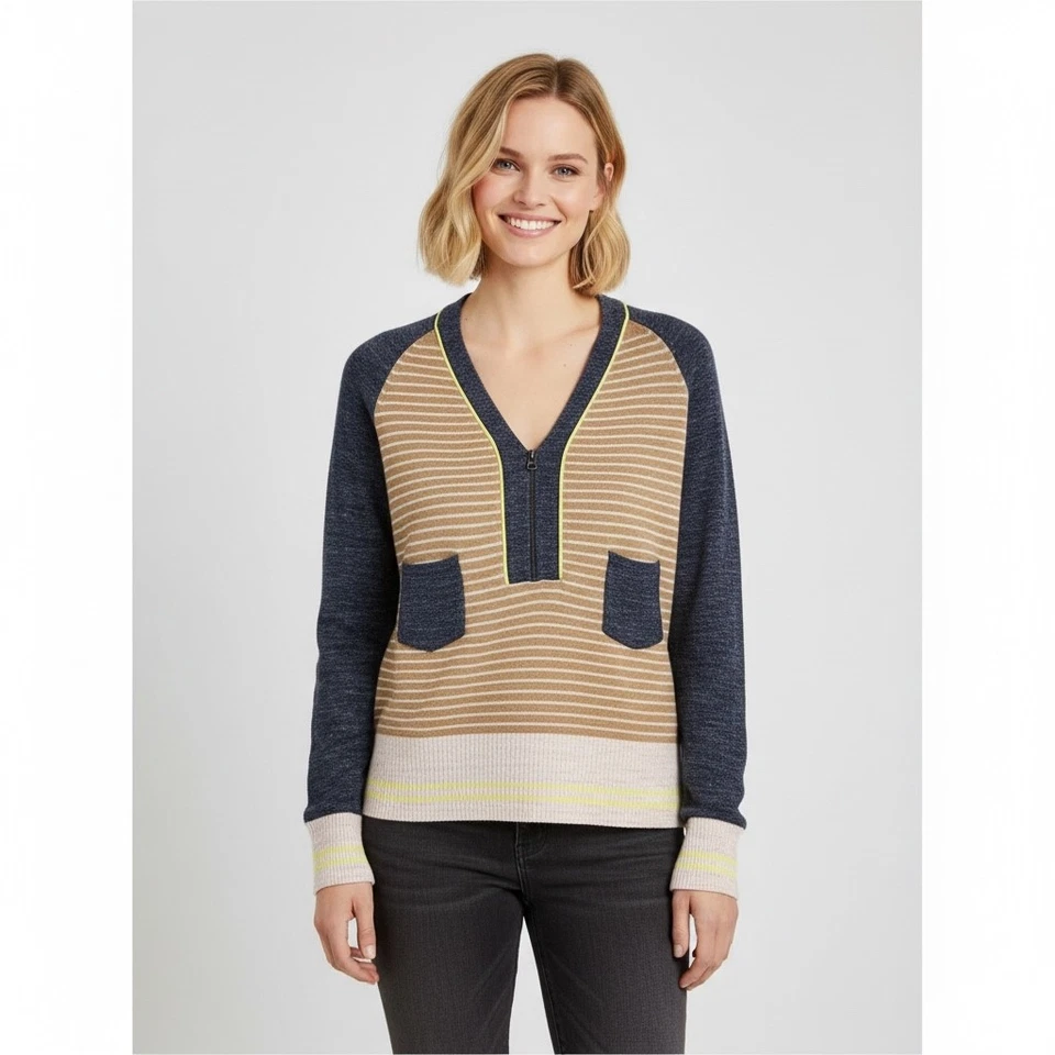 Suéter HOSS INTROPIA Gris/Camel Rayas Mezcla Alpaca Cremallera Talla Pequeña Foto 2 de 4