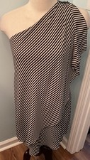 H Halston Sz M One Shoulder Striped Embellished Above Knee Overlay Wrap Dress
