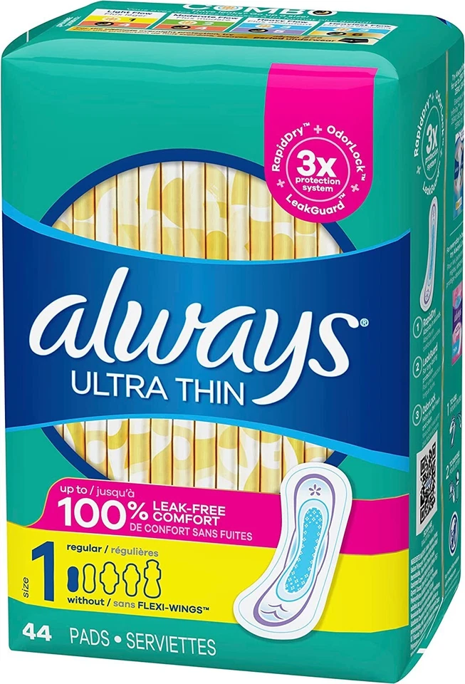Always 超薄无翅膀垫,尺寸 1,常规,无香味,44 克拉 - 3 包 — 第 2/4 张图片