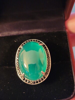 Colleen Lopez Silver 925 Green Agate & Black Spinel Big Ring Size 8 NWOT 