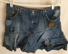 WOMENS JUNIORS BLUE DENIM JEAN BROWN PATCHWORK JOLT MINI SHIRT SIZE 16 30"