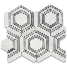 C33GXP Carrara White Bardiglio Marble Hexagon Georama Geometric Tile Polished